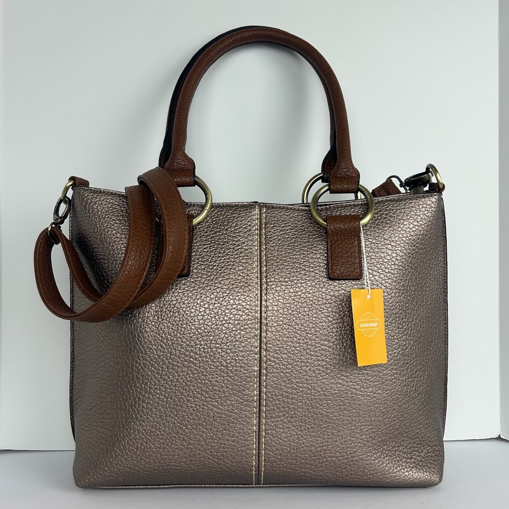 NWT 22 Tote Handbag Pebbled Tote Champagne Brown Double Handle Adjustable Strap